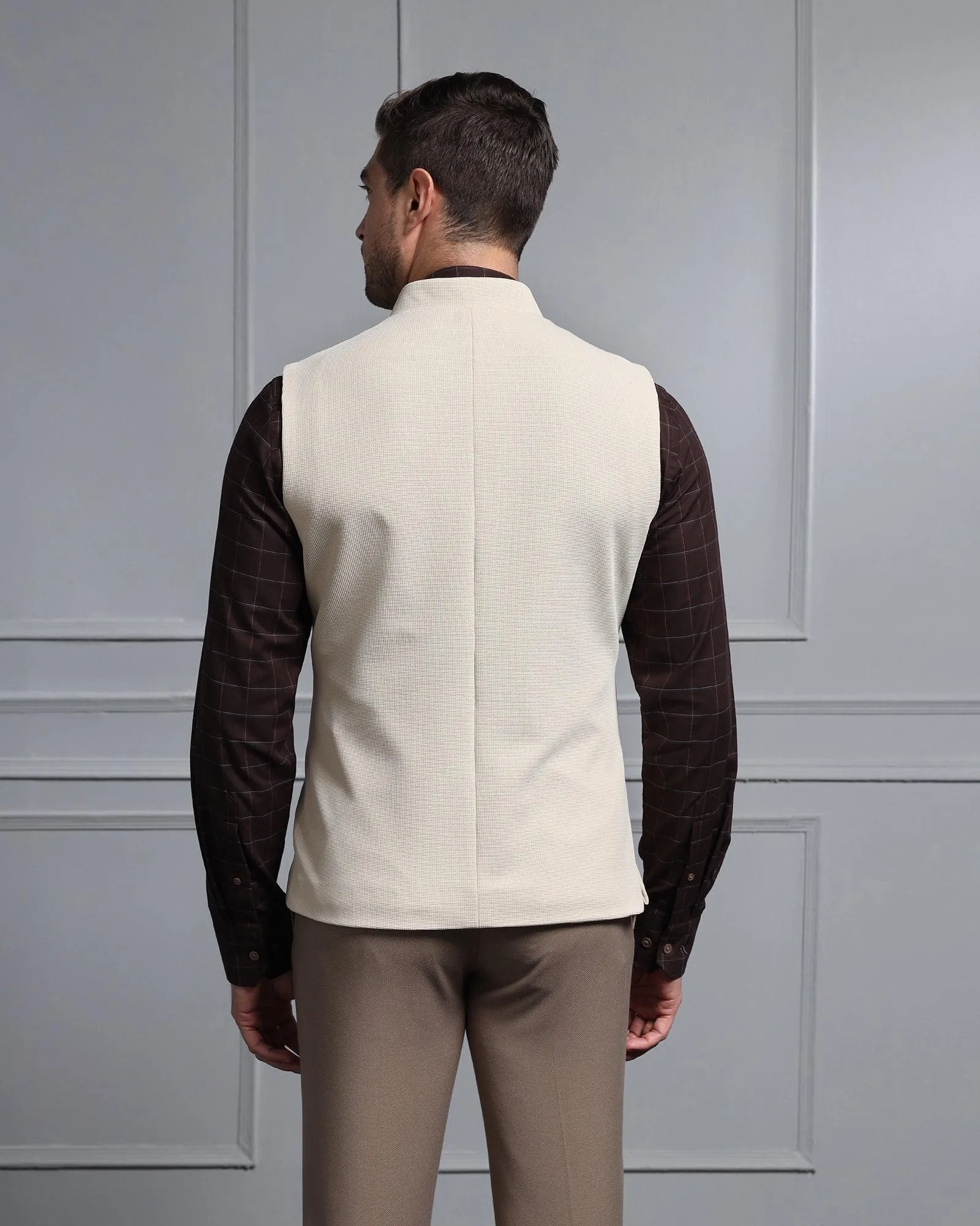 Bandhgala Formal Beige Textured Waistcoat - Cade