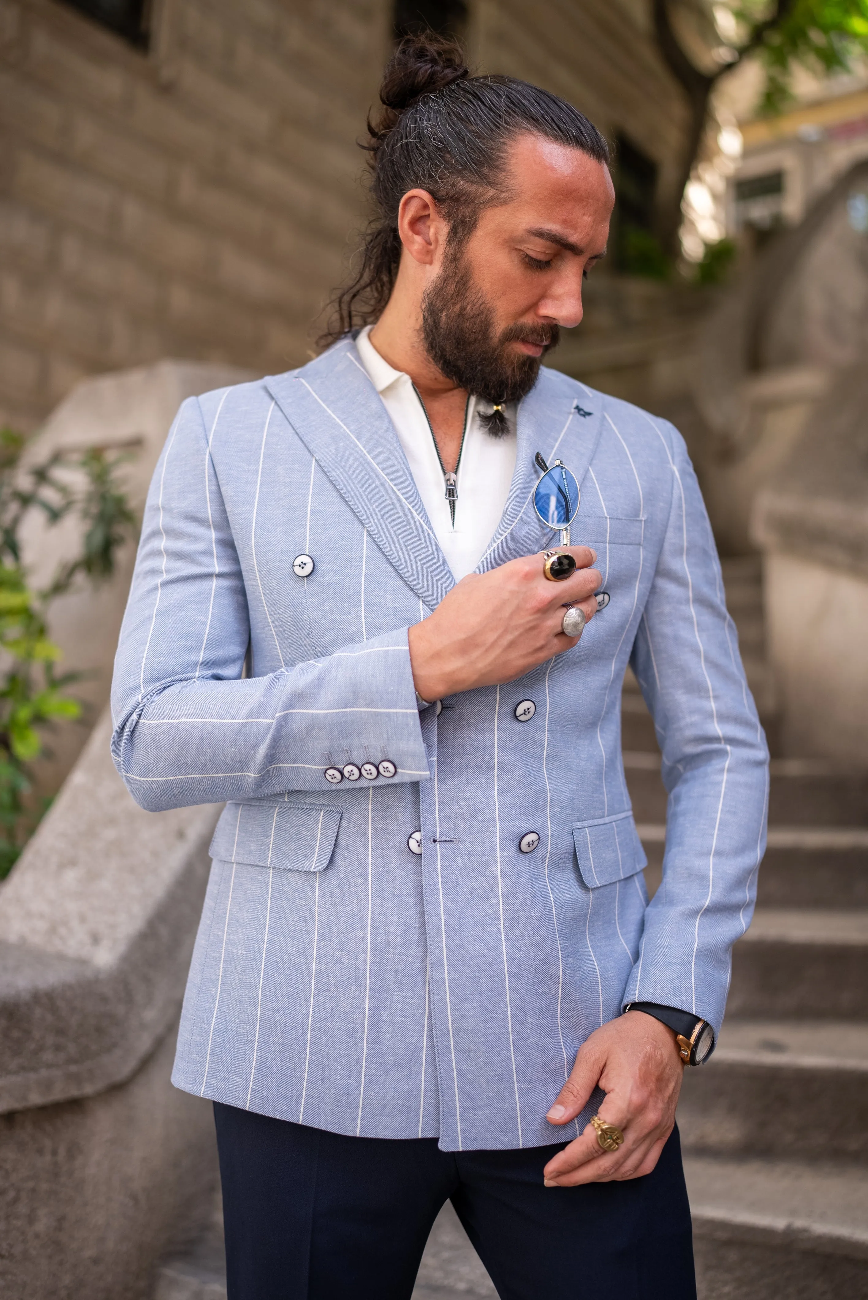 Bojoni Leclerc Sky Blue Slim Fit Double Breasted Striped Blazer