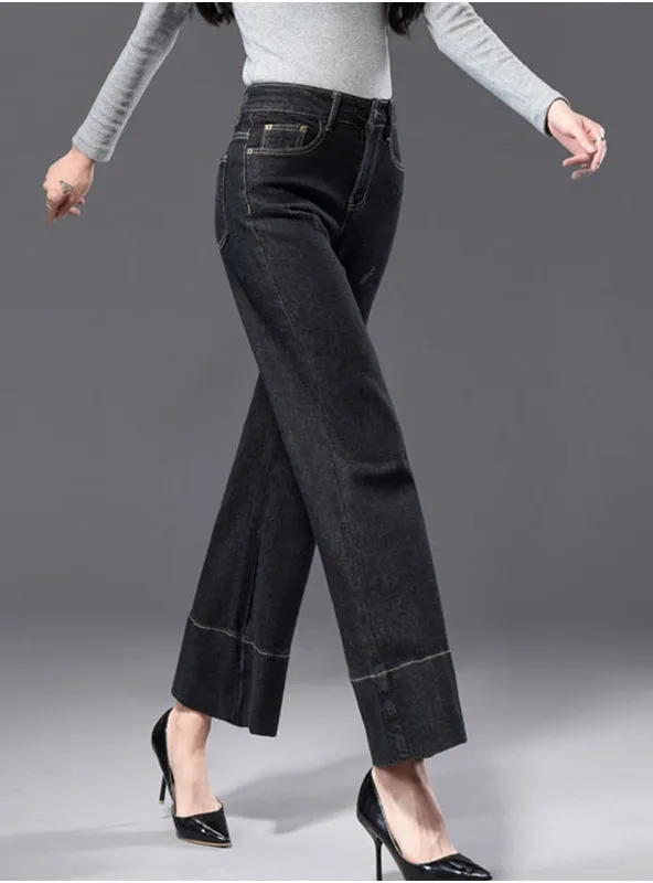 Bottom Stripe Wide Leg Black Capris Jeans