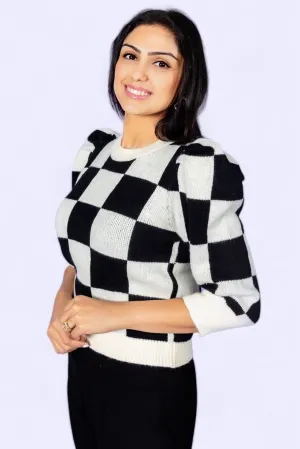 Checkmate Chic Knit Sweater with Puff Sleeves