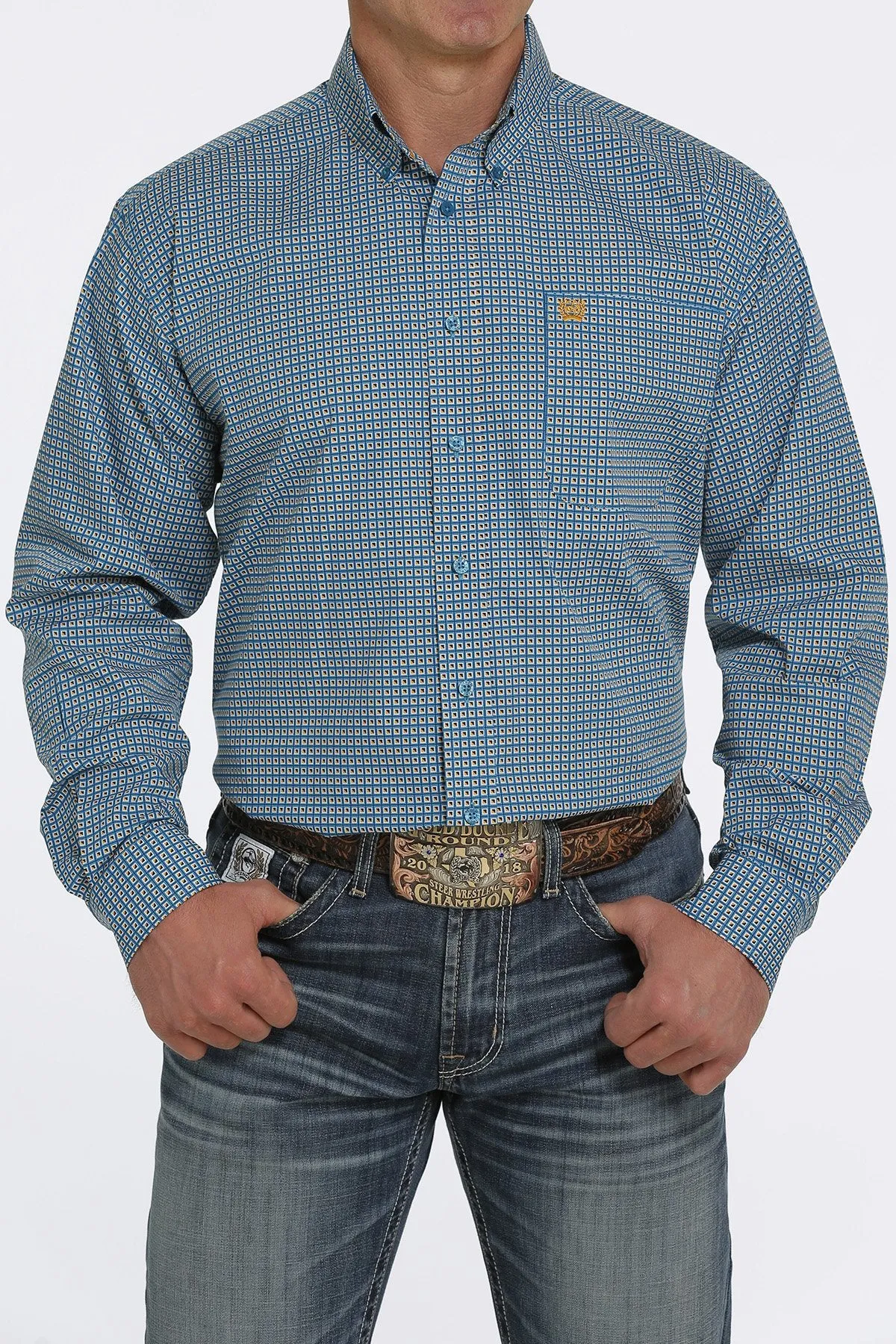 Cinch Mens Square Print Buttoned Down L/S Shirt - Turquoise/Gold - MTW1105437