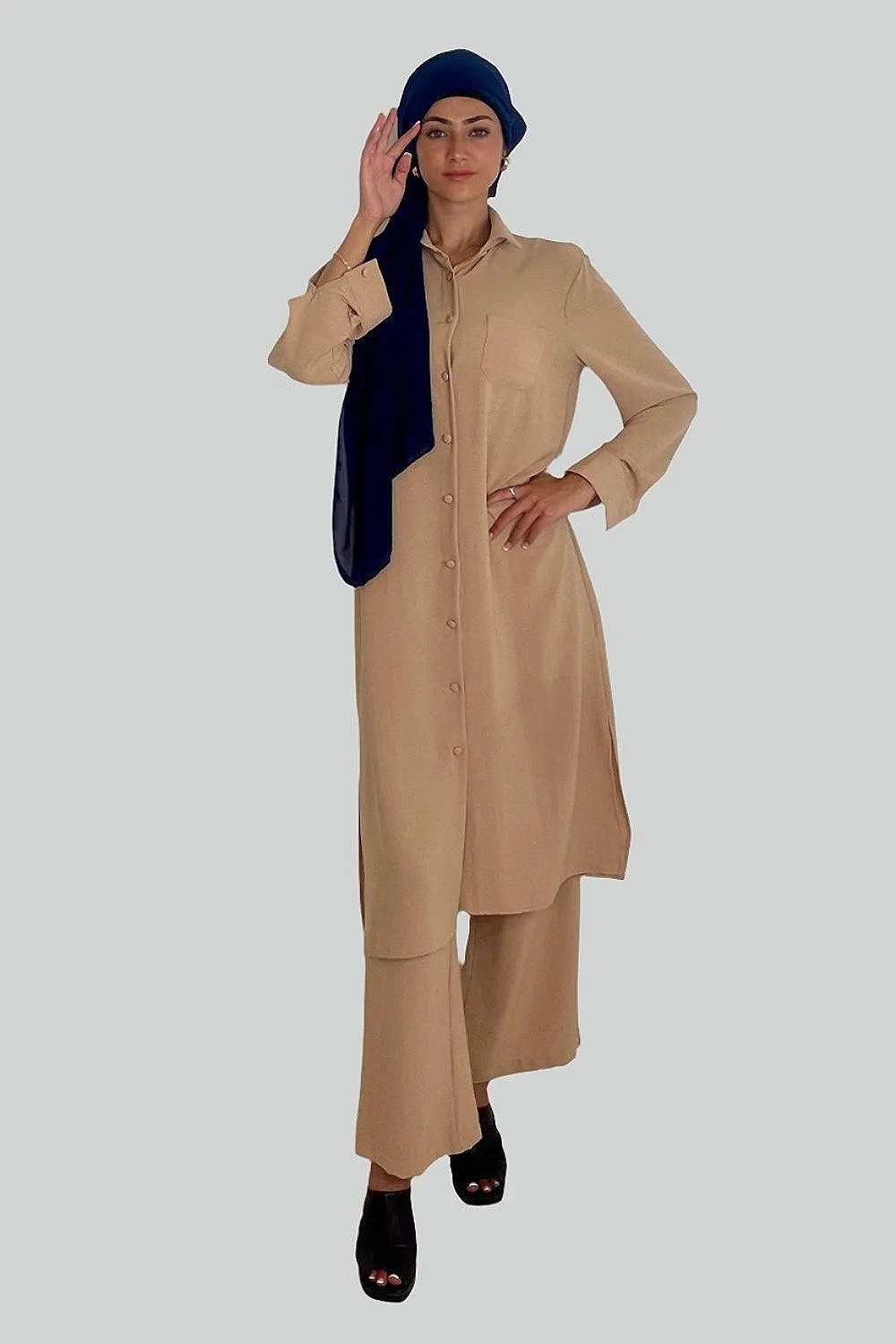 Classic Longline Button Down Shirt And Wide Leg Trousers Coord Set