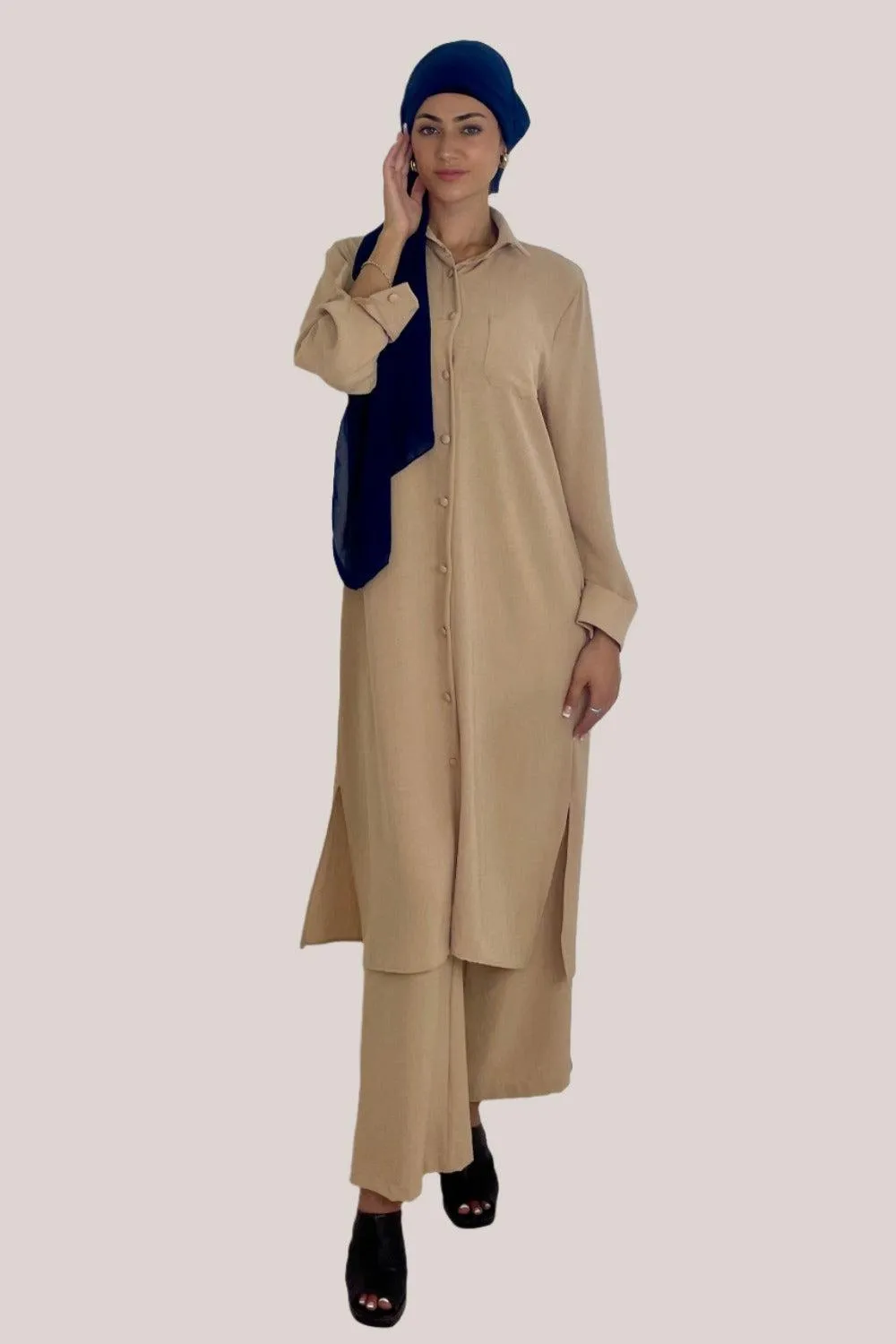 Classic Longline Button Down Shirt And Wide Leg Trousers Coord Set