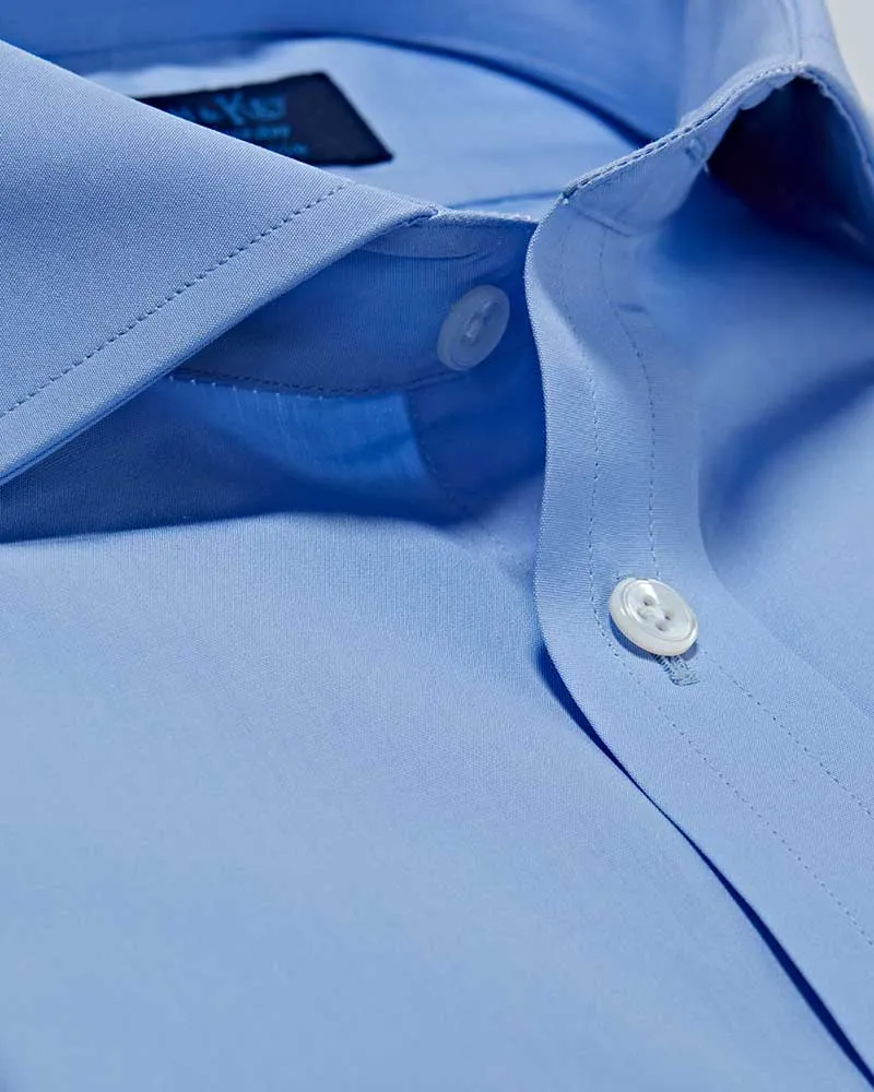 Contemporary Fit Plain Sky Blue Cotton Poplin Shirt with Cut-away Collar & Double Cuff