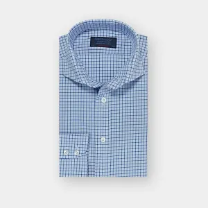 Contemporary Fit Sky Blue & Navy Check Cotton Shirt with Cut-away Collar & Two Button Cuff