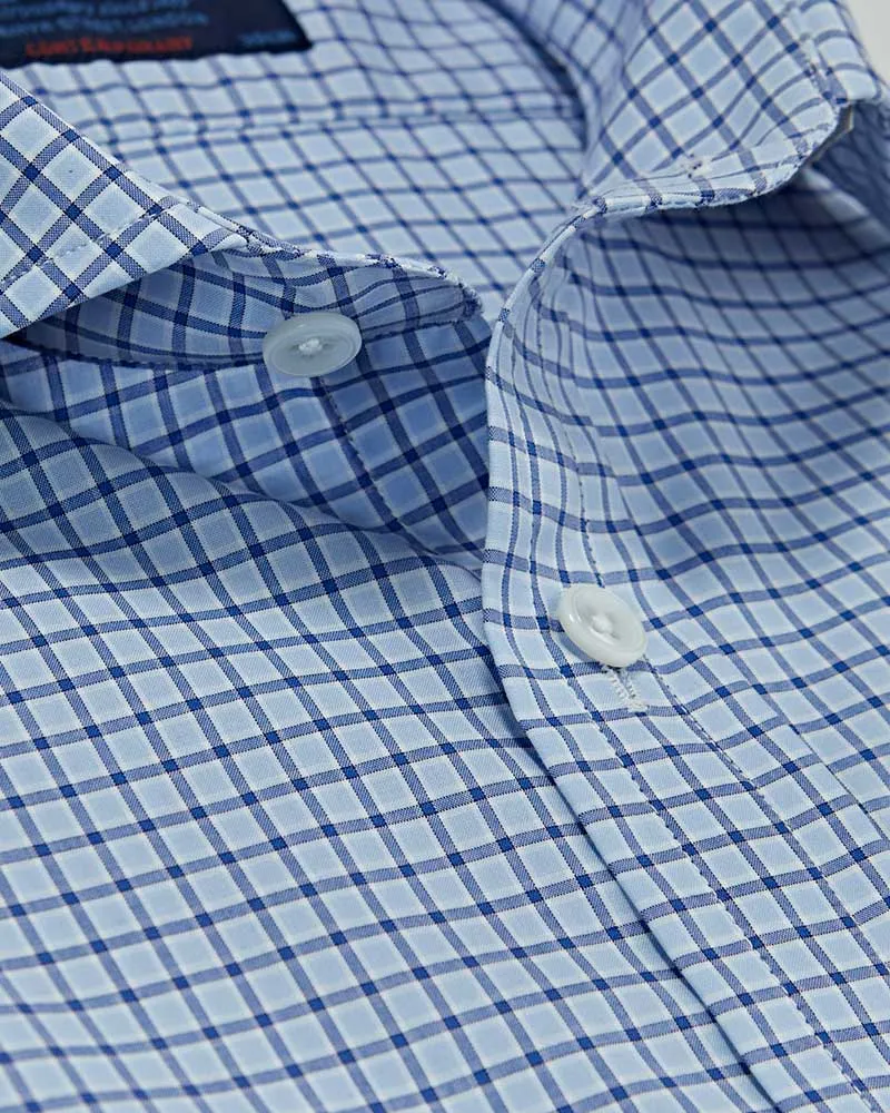 Contemporary Fit Sky Blue & Navy Check Cotton Shirt with Cut-away Collar & Two Button Cuff