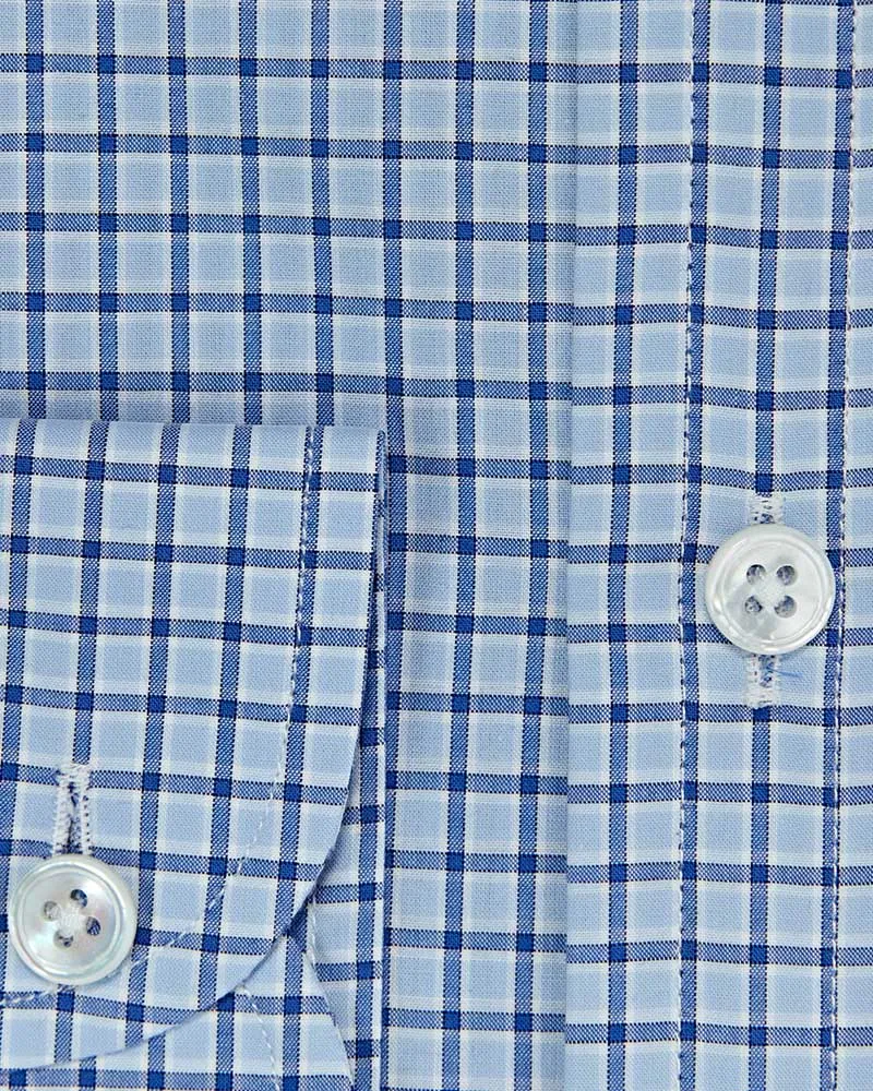 Contemporary Fit Sky Blue & Navy Check Cotton Shirt with Cut-away Collar & Two Button Cuff