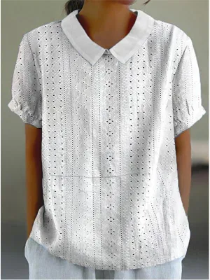 Cotton and Linen Lapel Stitching Everyday Versatile Short-sleeved Top