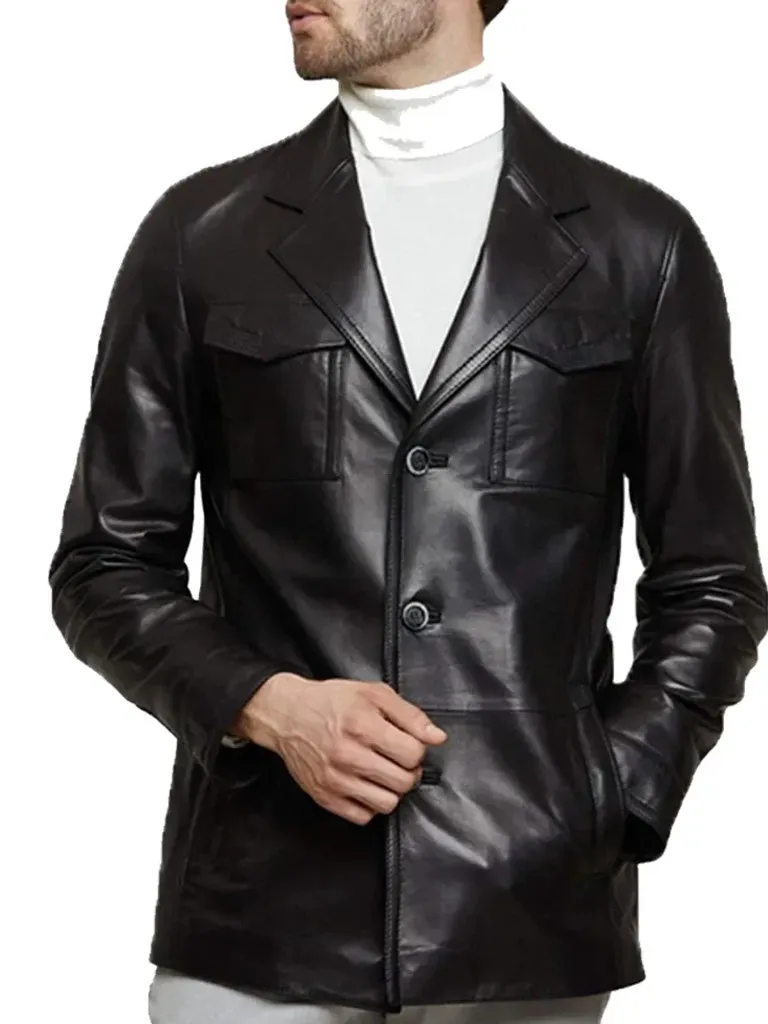 Daron Black Leather Slim-Fit Blazer