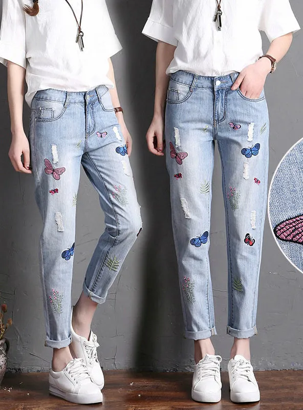 Embroidery Women Ripped Beggar Denim Pants