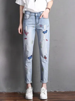 Embroidery Women Ripped Beggar Denim Pants