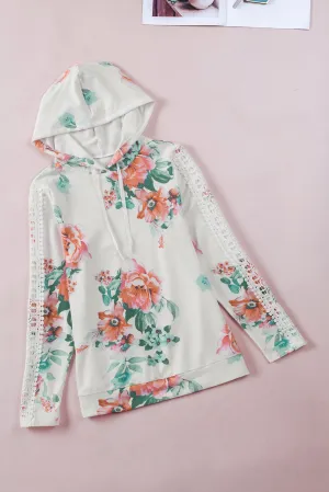 Floral Lace Trim Drawstring Hoodie