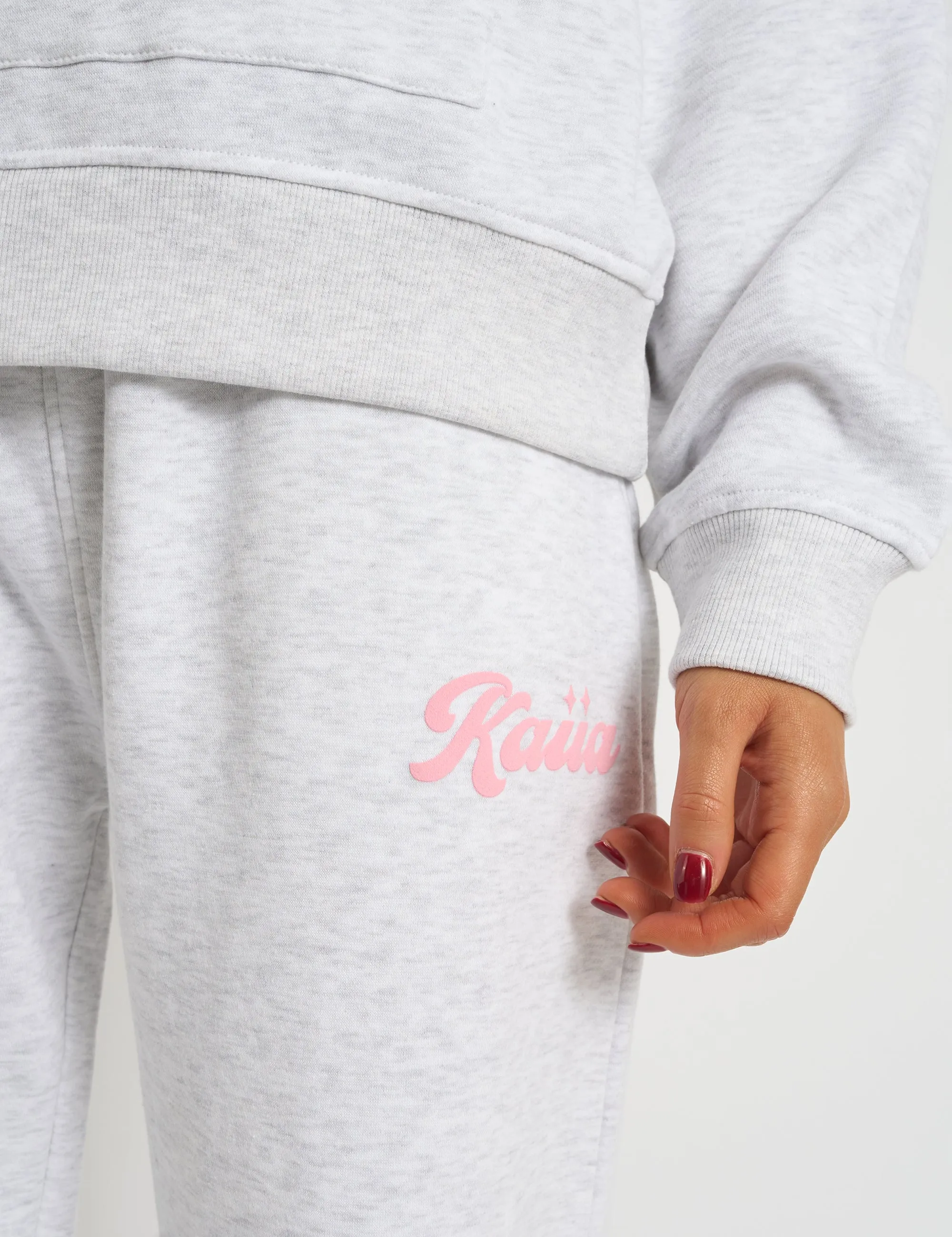 Kaiia Bubble Script Bow Detail Wide Leg Joggers Grey Marl & Pink