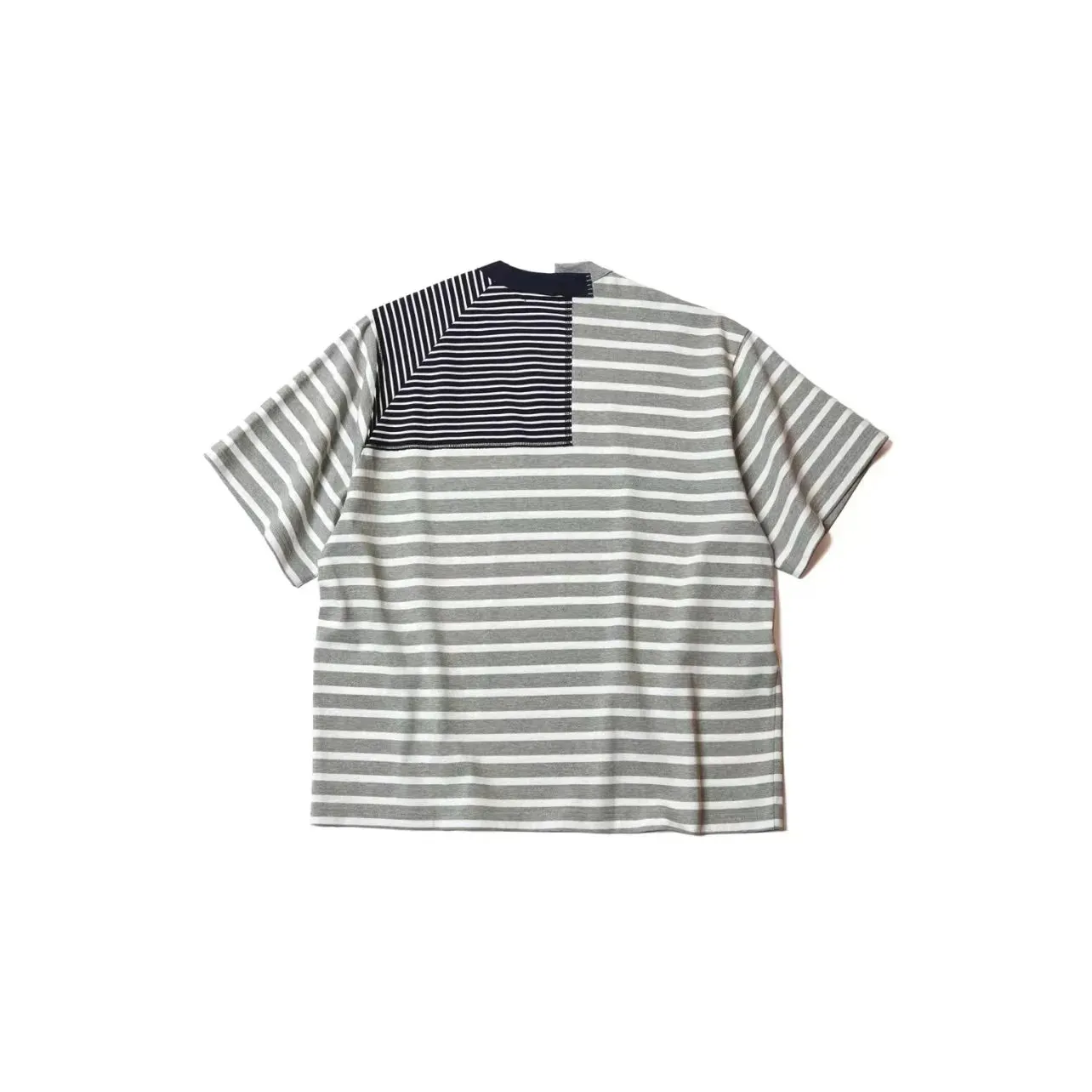 Kolor Simple Style Two Color Stripe Stitching Irregular Cut Tees