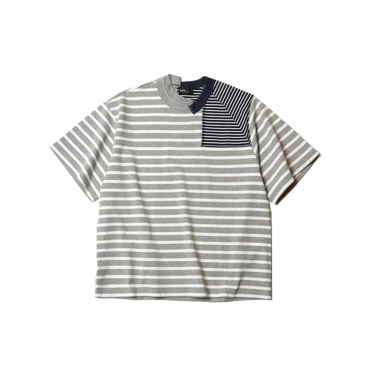 Kolor Simple Style Two Color Stripe Stitching Irregular Cut Tees