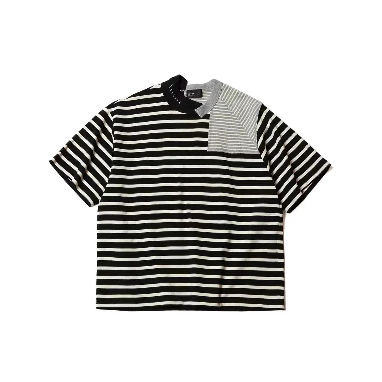 Kolor Simple Style Two Color Stripe Stitching Irregular Cut Tees