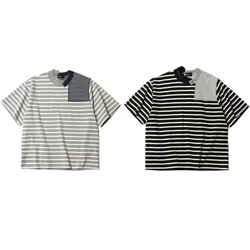 Kolor Simple Style Two Color Stripe Stitching Irregular Cut Tees