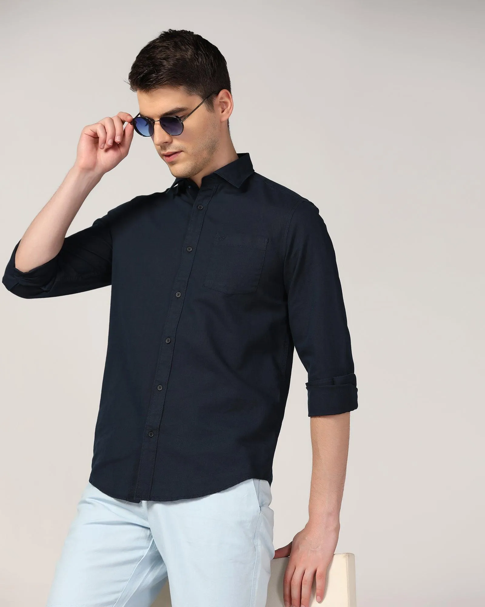 Linen Casual Navy Solid Shirt - Lang