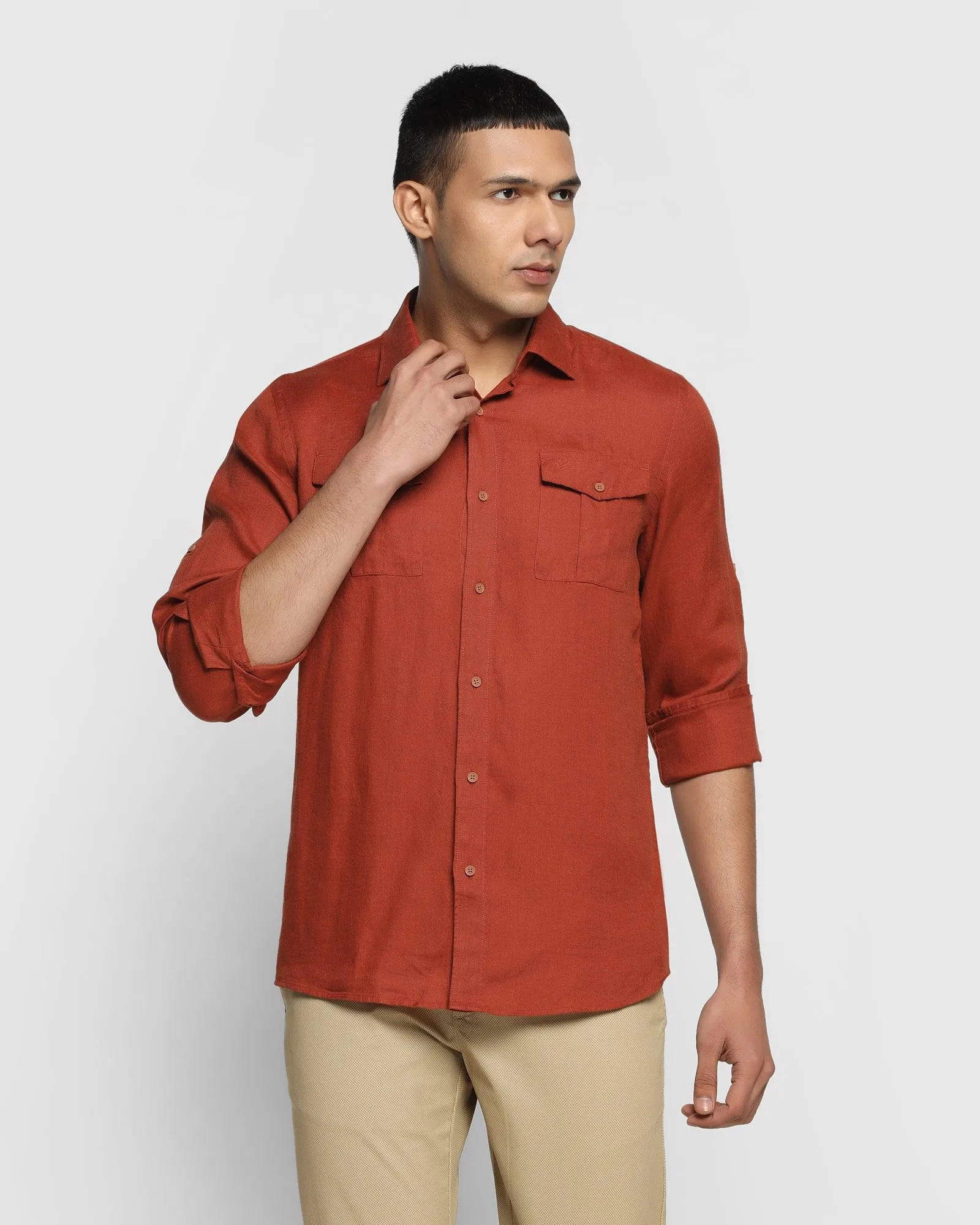 Linen Casual Rust Solid Shirt - Port