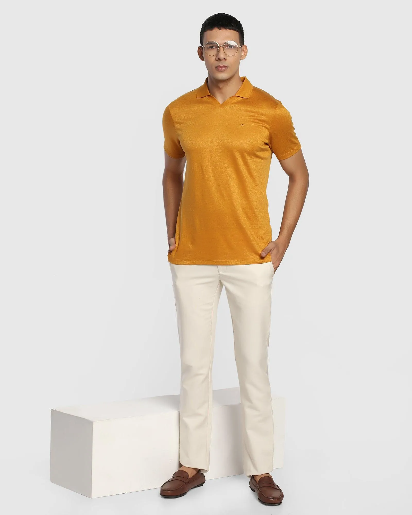 Linen Polo Mustard Yellow Solid T-Shirt - Sanor