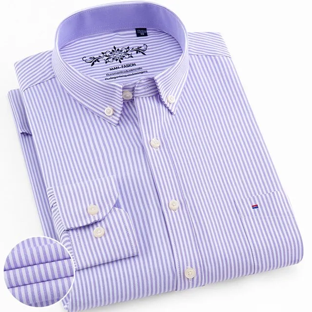 Men&#39;s Regular-Fit Long-Sleeve Sturdy Knit Oxford Shirt Plaid Striped Embroidered Pocket Button-down Casual Versatile Shirts