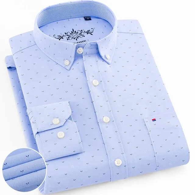 Men&#39;s Regular-Fit Long-Sleeve Sturdy Knit Oxford Shirt Plaid Striped Embroidered Pocket Button-down Casual Versatile Shirts