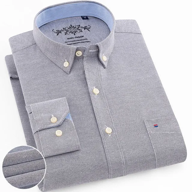 Men&#39;s Regular-Fit Long-Sleeve Sturdy Knit Oxford Shirt Plaid Striped Embroidered Pocket Button-down Casual Versatile Shirts