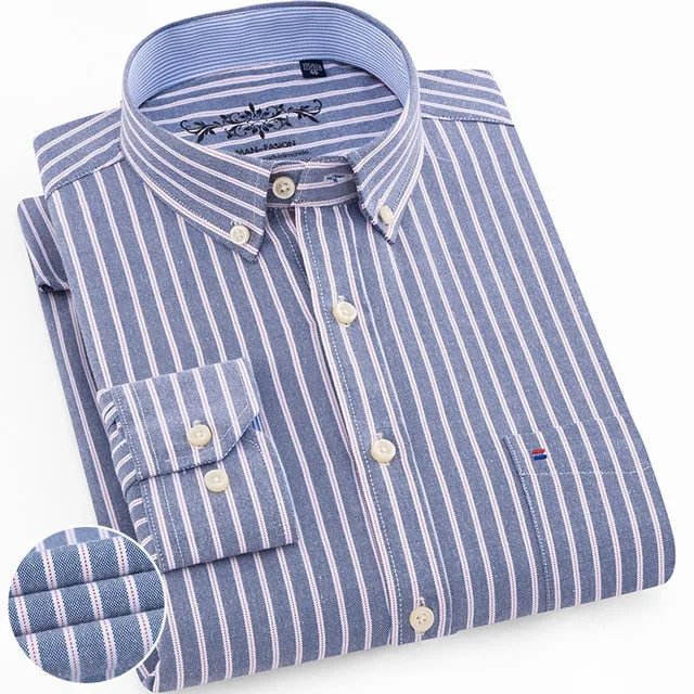 Men&#39;s Regular-Fit Long-Sleeve Sturdy Knit Oxford Shirt Plaid Striped Embroidered Pocket Button-down Casual Versatile Shirts