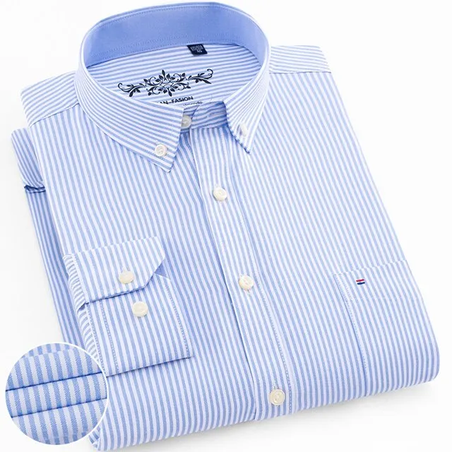 Men&#39;s Regular-Fit Long-Sleeve Sturdy Knit Oxford Shirt Plaid Striped Embroidered Pocket Button-down Casual Versatile Shirts