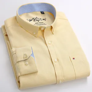 Men&#39;s Regular-Fit Long-Sleeve Sturdy Knit Oxford Shirt Plaid Striped Embroidered Pocket Button-down Casual Versatile Shirts