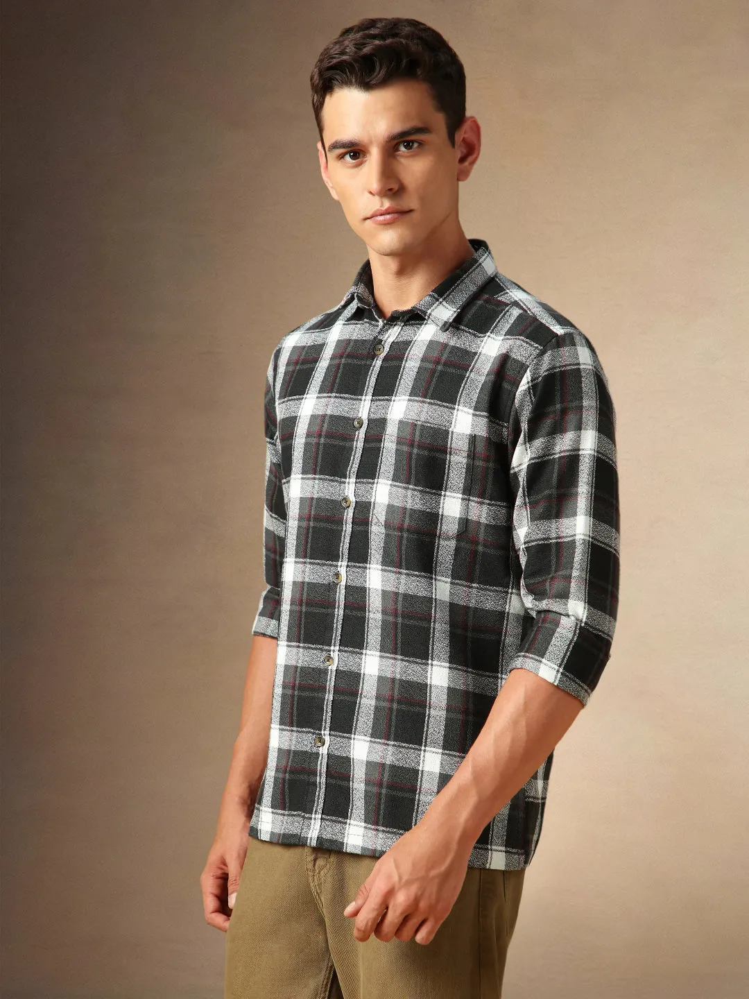 Men's Black Checks Spread Collar Full Sleeves Casual Shirt