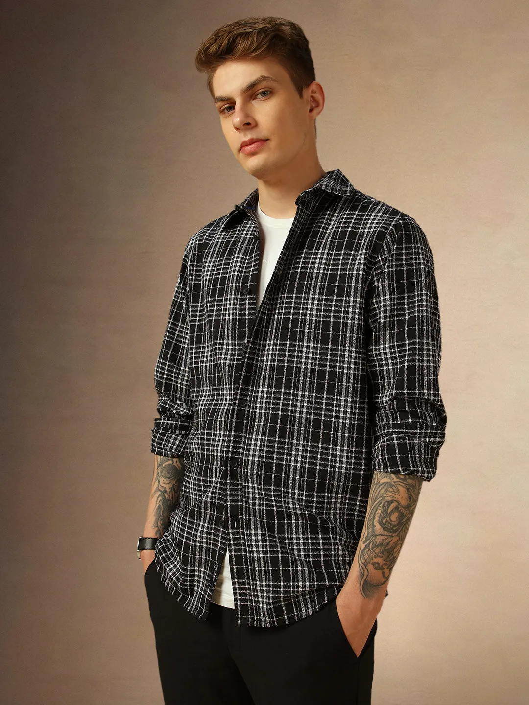 Men's Black Checks Spread Collar Full Sleeves Shirt