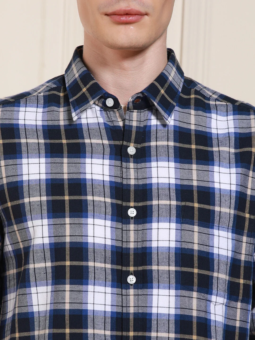 Men's Blue Tartan Checks Spread Collar Full Sleeves Casual Shirt