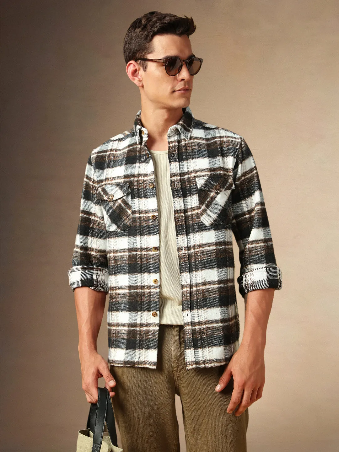 Men's Brown Checks Spread Collar Full Sleeves Casual Flannel Shacket