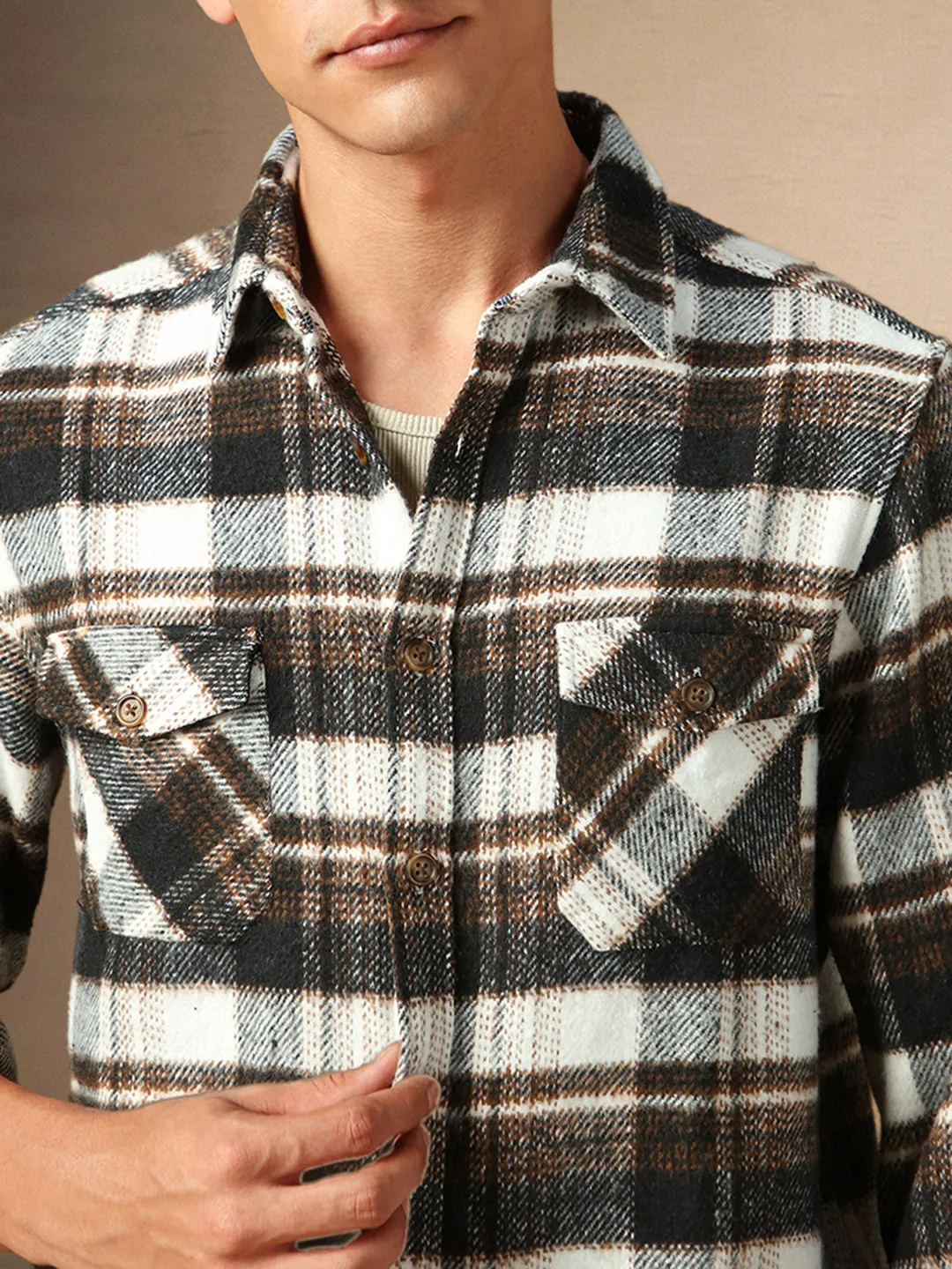 Men's Brown Checks Spread Collar Full Sleeves Casual Flannel Shacket