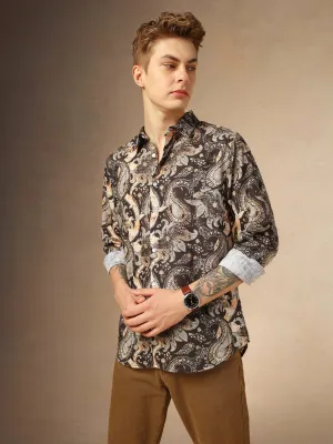 Men's Brown Printed Spread Collar Full Sleeves Shirt