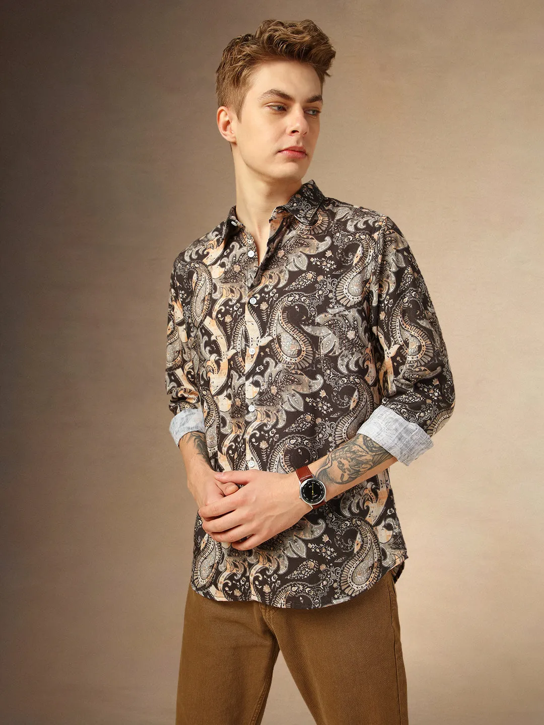 Men's Brown Printed Spread Collar Full Sleeves Shirt