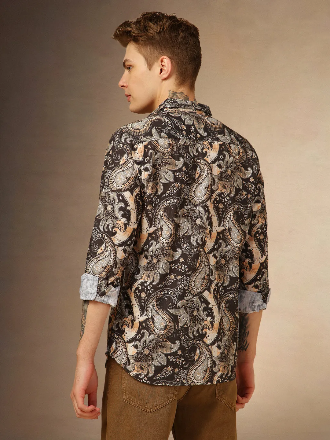 Men's Brown Printed Spread Collar Full Sleeves Shirt