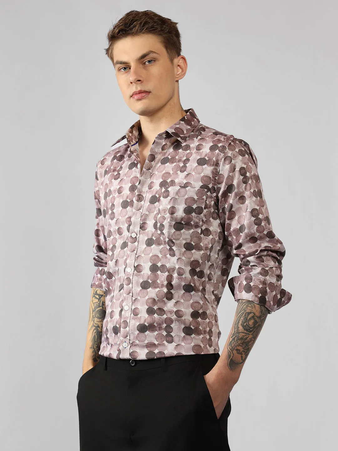 Men's Dark Grey Printed Spread Collar Full Sleeve Regular Fit Shirt