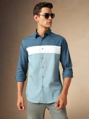 Men's Denim Blue Colourblocked Spread Collar Full Sleeves Casual Shirt