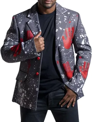 Men’s Graffiti Art Grey Blazer with Red Handprint Design