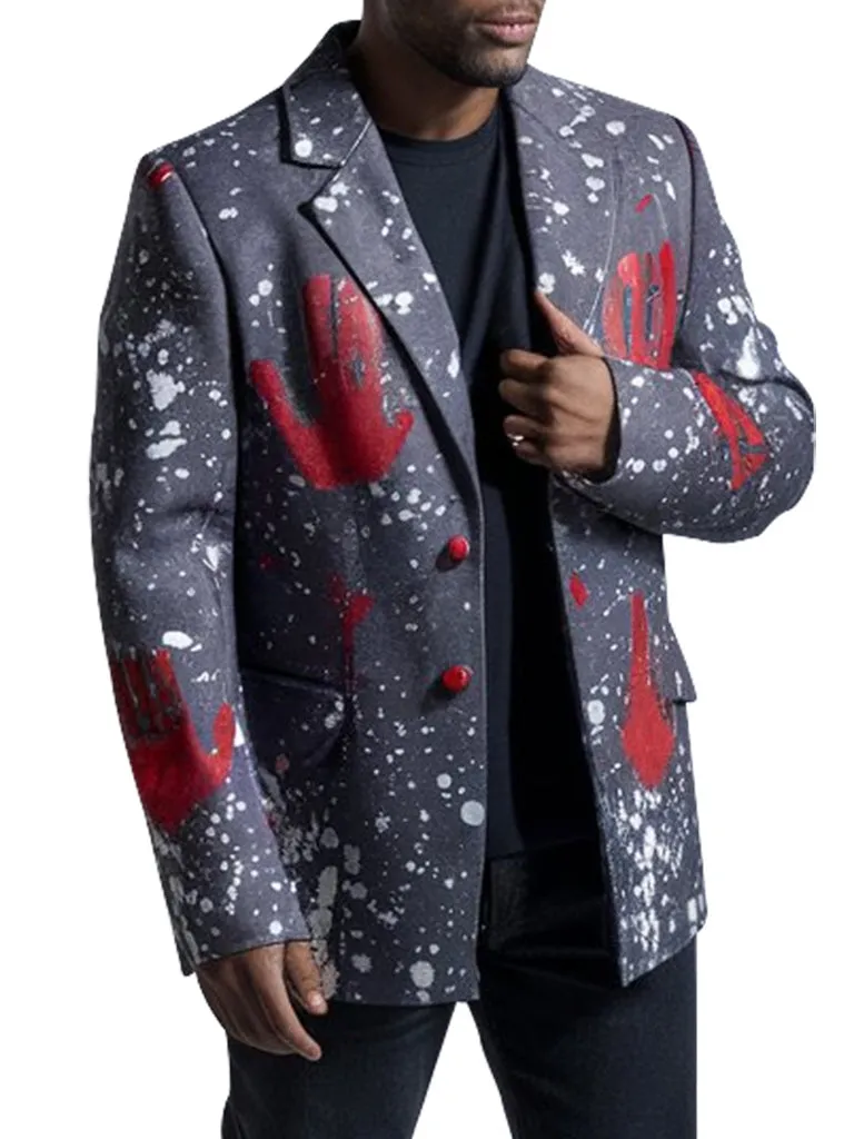 Men’s Graffiti Art Grey Blazer with Red Handprint Design