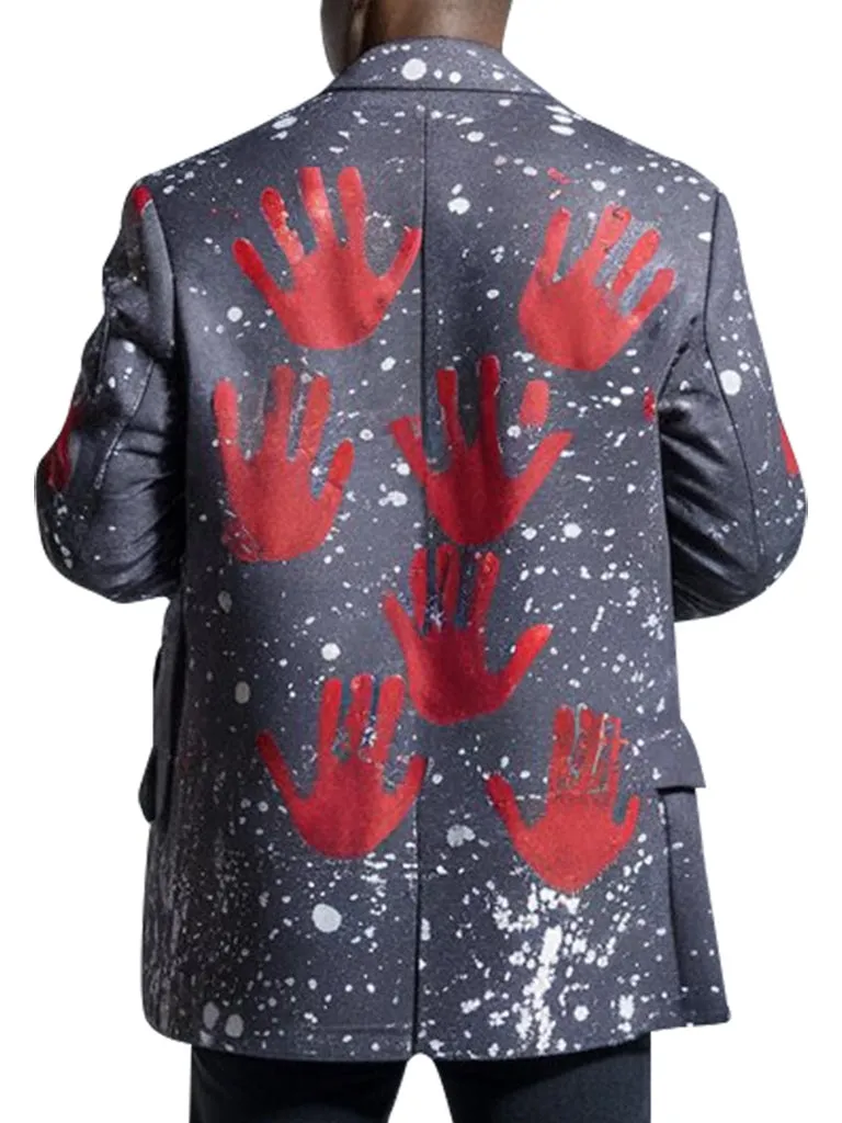 Men’s Graffiti Art Grey Blazer with Red Handprint Design