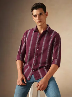 Men's Maroon Striped Spread Collar Full Sleeves Casual Shirt