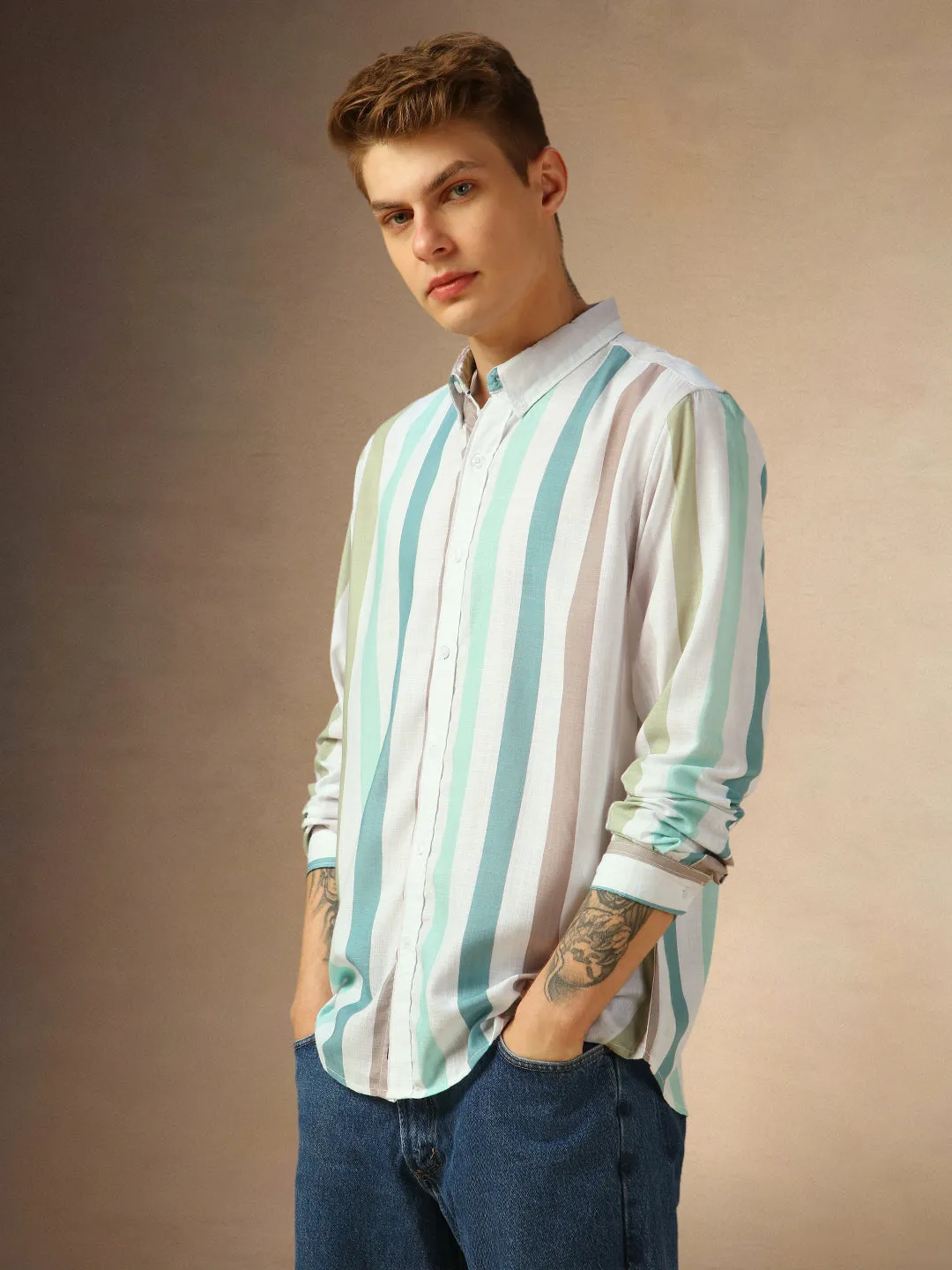 Men's Multi Color Printed Stripes Button Down Collar Full Sleeves Shirt