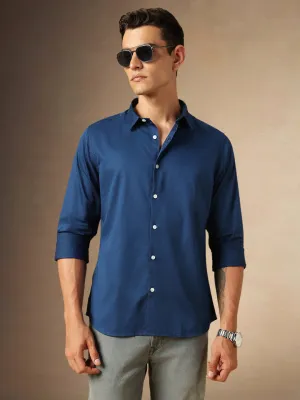 Men's Navy Solid Spread Collar Full Sleeves Casual Shirt