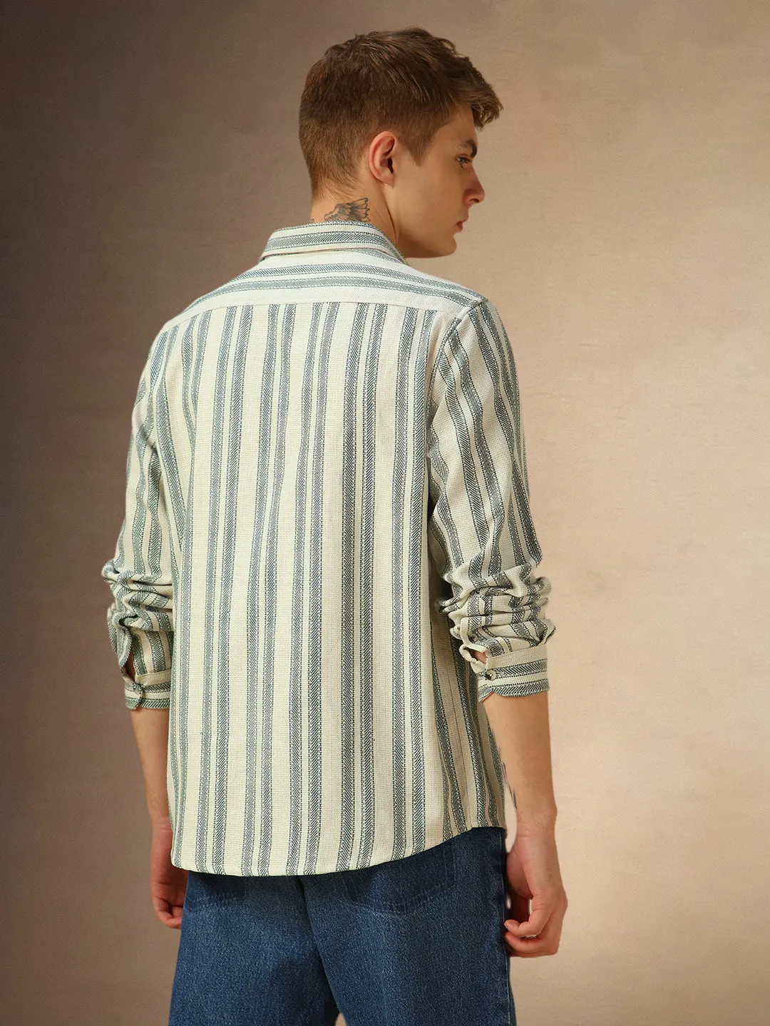 Men's Offwhite Striped Spread collar Full Sleeves Shirt