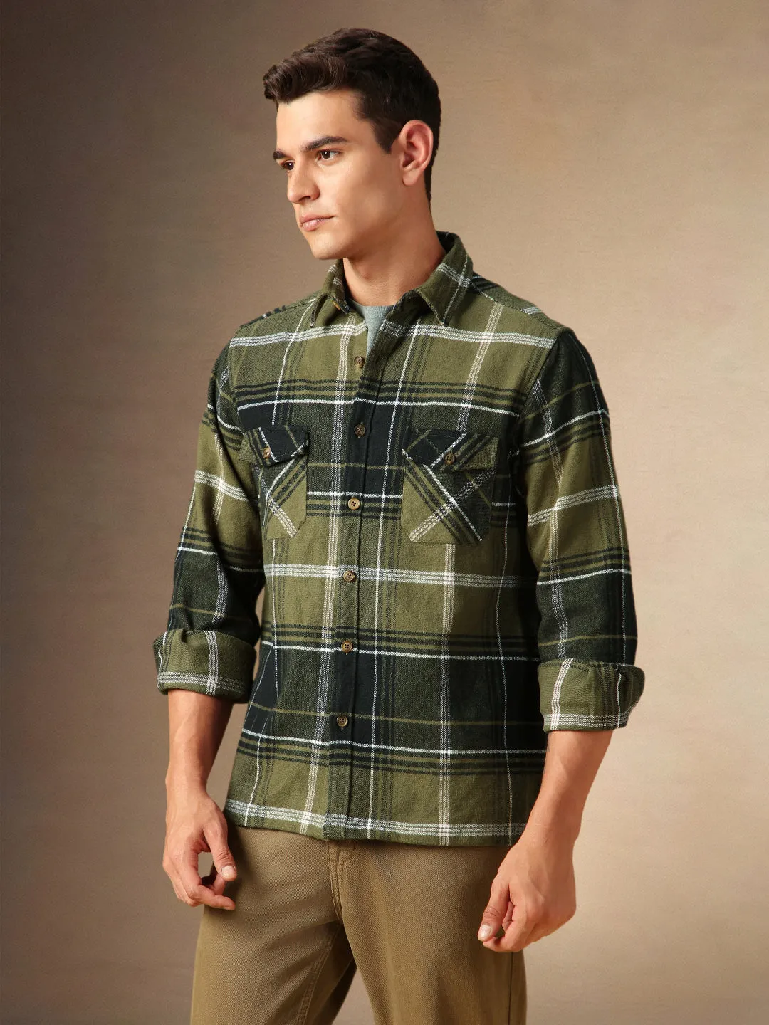 Men's Olive Checks Spread Collar Full Sleeves Casual Flannel Shacket