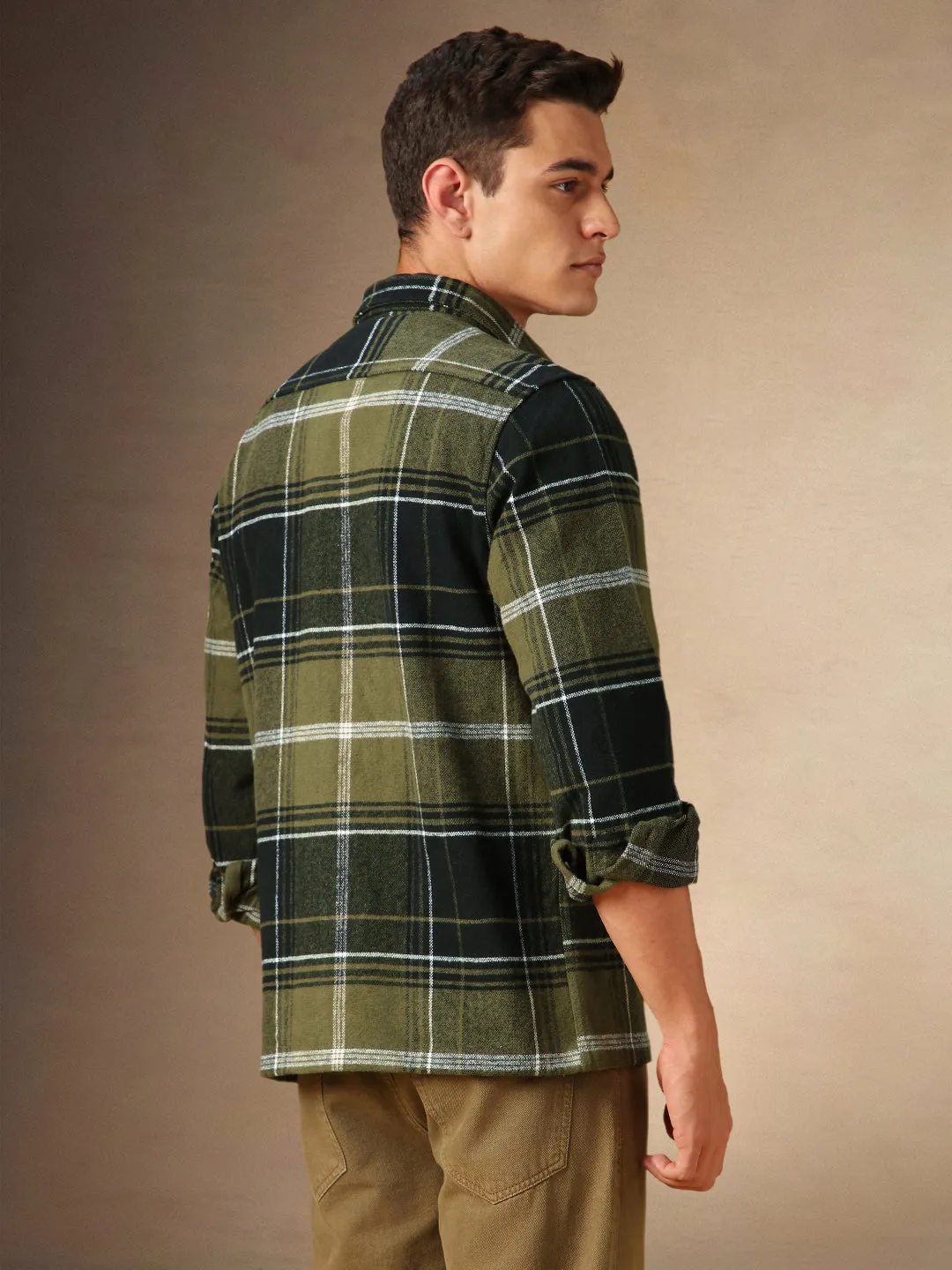 Men's Olive Checks Spread Collar Full Sleeves Casual Flannel Shacket