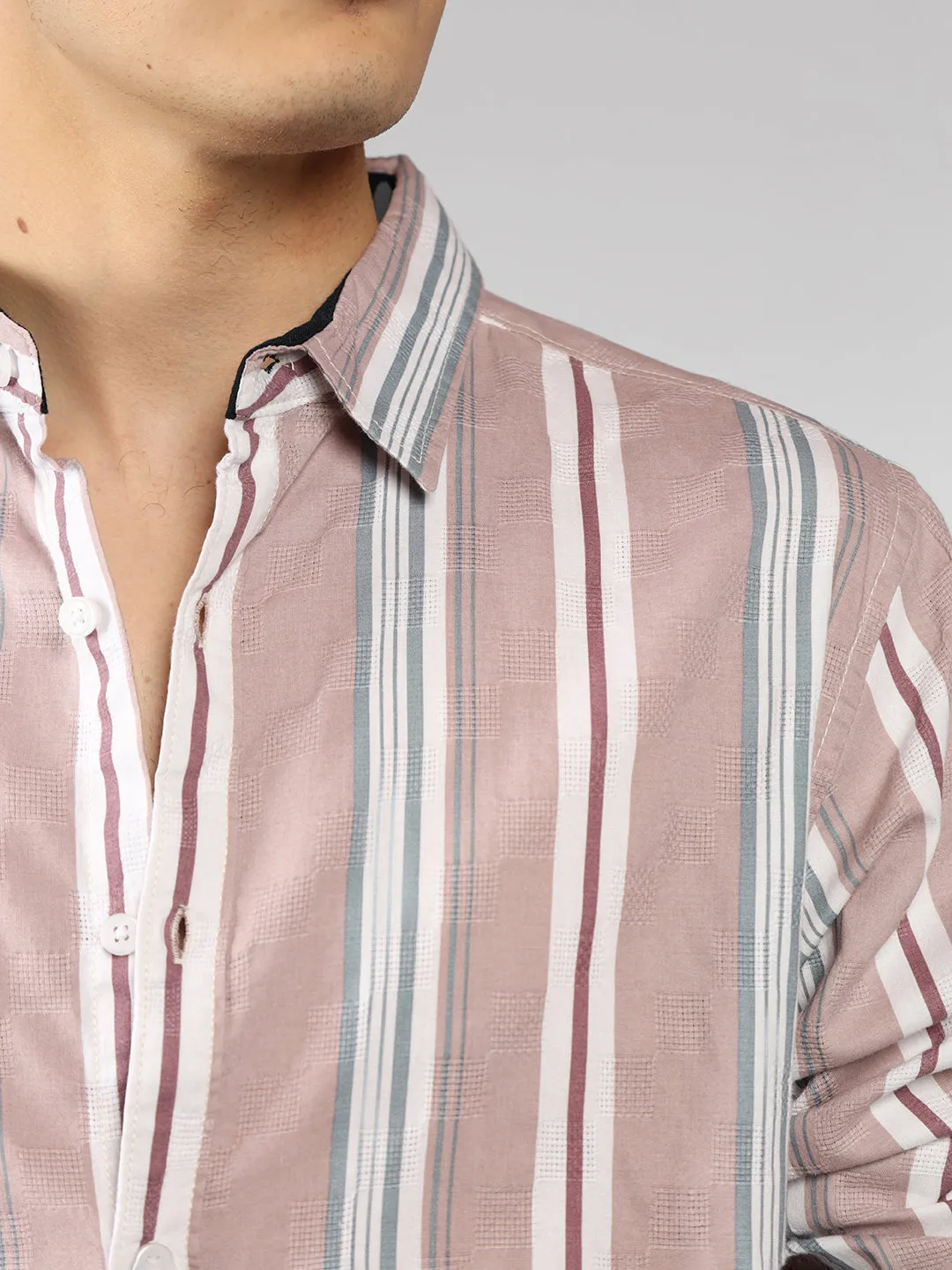 Men's Pink Striped Spread Collar Full Sleeve Regular Shirt